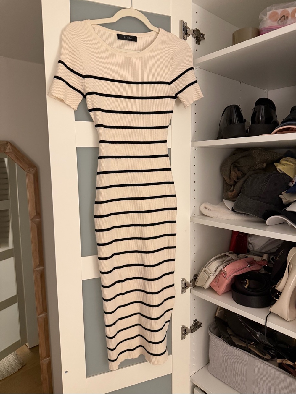 Zara Cream and Black Striped Short-Sleeve Knit Midi Dress